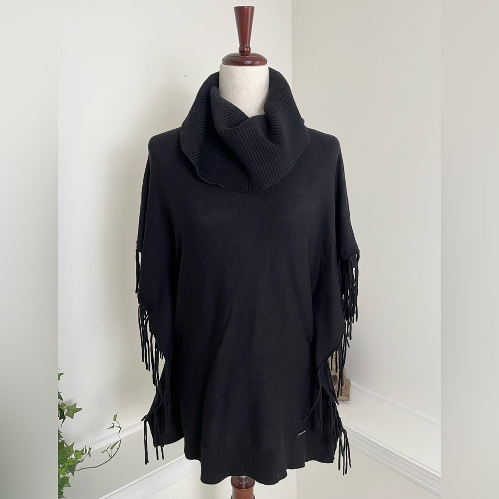 Michael Kors Classic Black Cotton/Viscose Cowl Neck Fitted Fringe Poncho SZ S